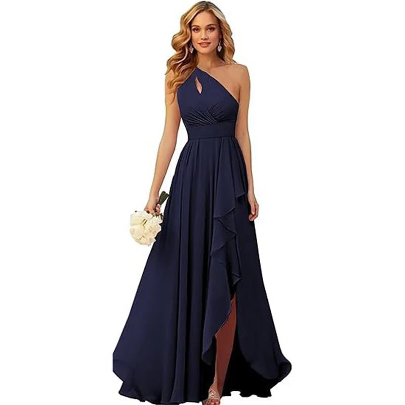 A Line Chiffon Bridesmaid Dresses One Shouder Slit Pleat Elegant Wedding Party Formal Prom Evening Lace Up Back - Luzilly Bridal & Apparel