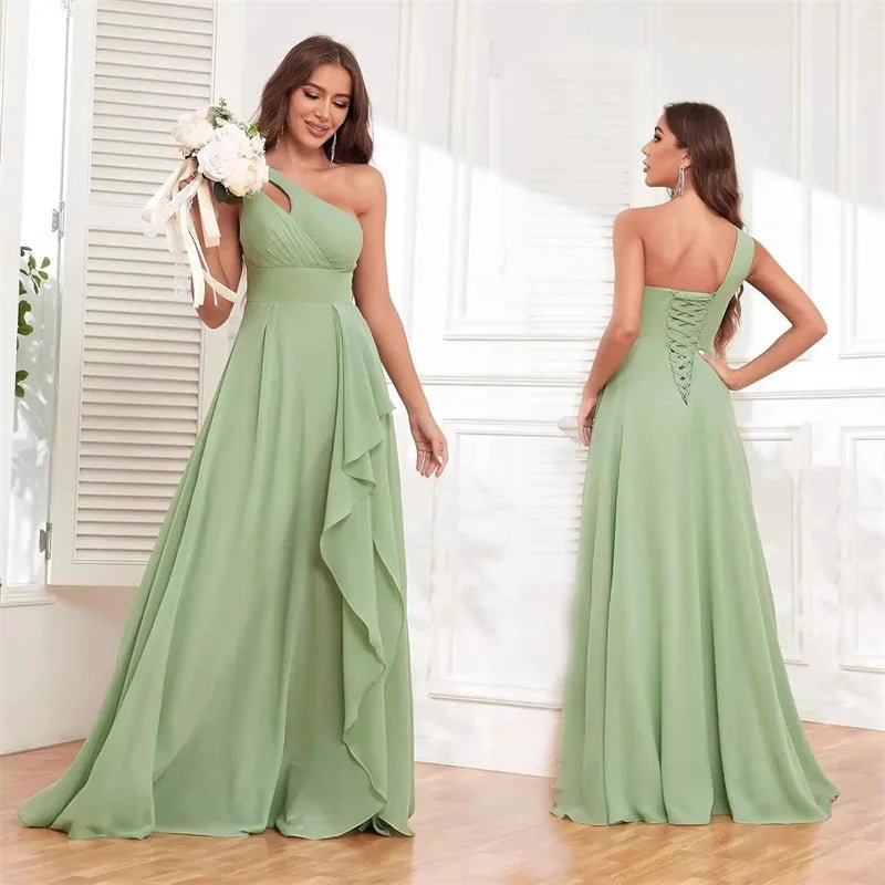 A Line Chiffon Bridesmaid Dresses One Shouder Slit Pleat Elegant Wedding Party Formal Prom Evening Lace Up Back - Luzilly Bridal & Apparel
