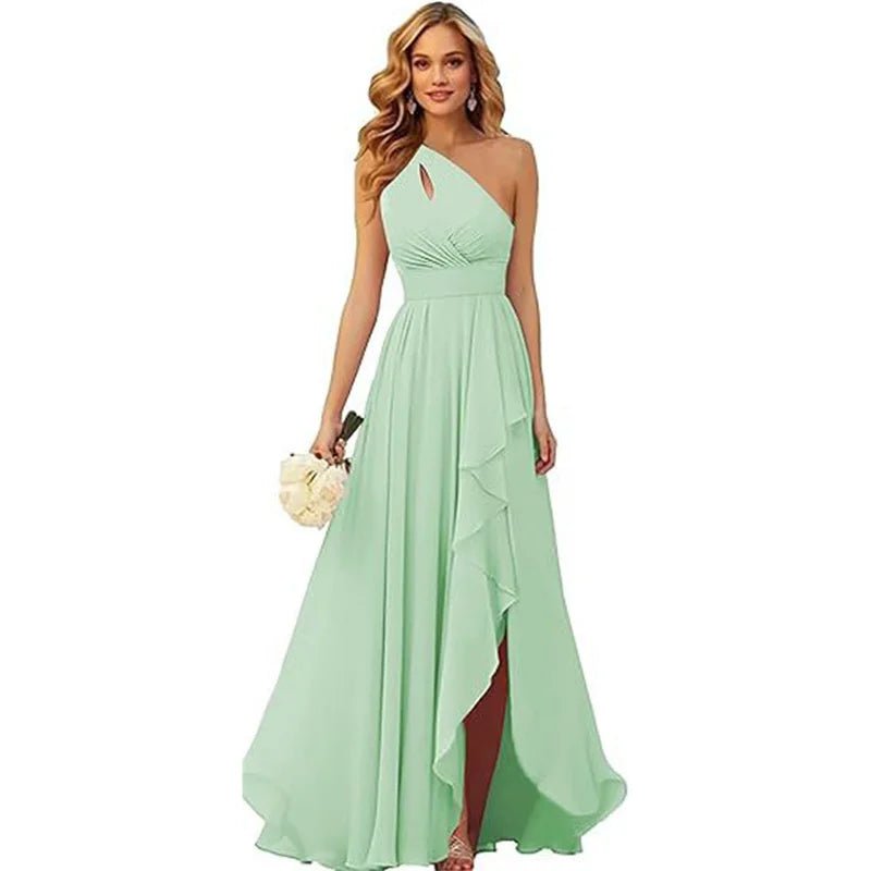 A Line Chiffon Bridesmaid Dresses One Shouder Slit Pleat Elegant Wedding Party Formal Prom Evening Lace Up Back - Luzilly Bridal & Apparel