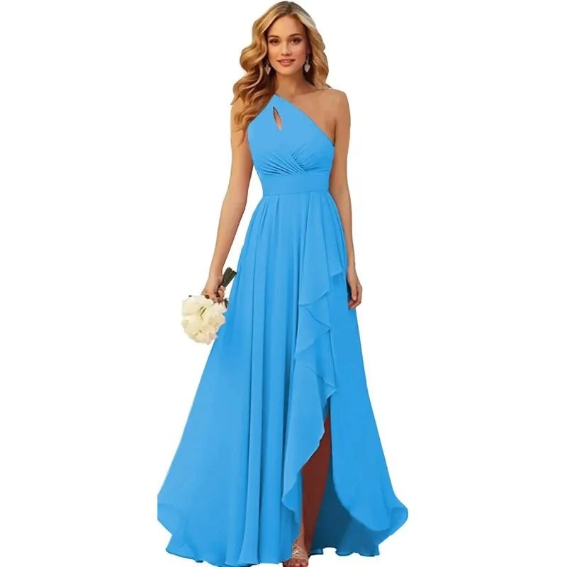 A Line Chiffon Bridesmaid Dresses One Shouder Slit Pleat Elegant Wedding Party Formal Prom Evening Lace Up Back - Luzilly Bridal & Apparel
