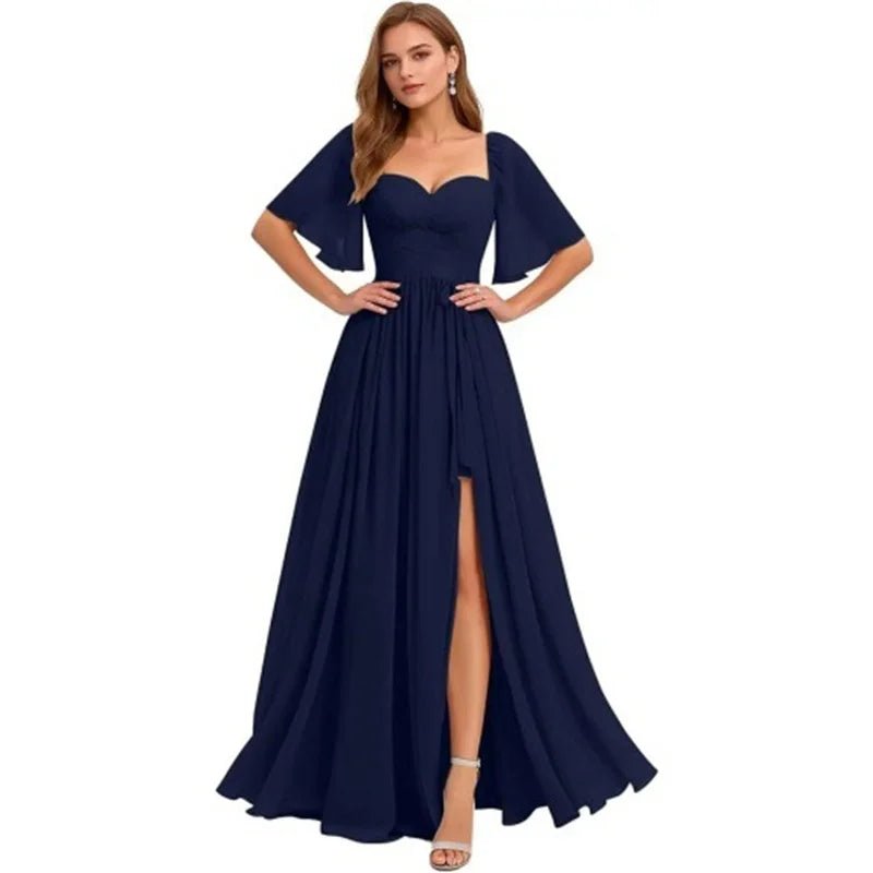A Line Short Sleeve Chiffon Bridesmaid Dresses One Shouder Slit Pleat Elegant Wedding Party Formal Prom Evening Lace Up Back - Luzilly Bridal & Apparel