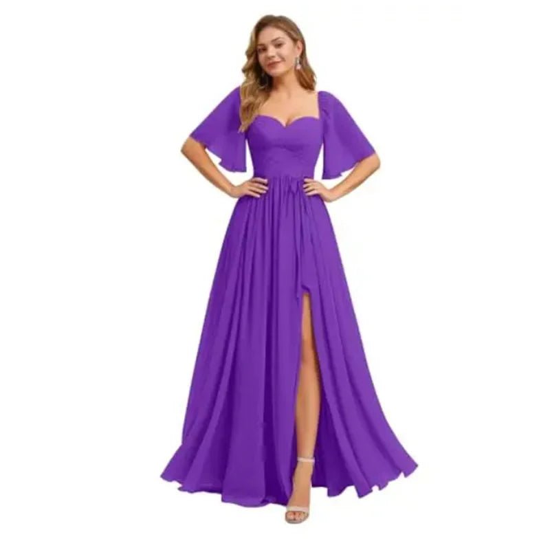A Line Short Sleeve Chiffon Bridesmaid Dresses One Shouder Slit Pleat Elegant Wedding Party Formal Prom Evening Lace Up Back - Luzilly Bridal & Apparel