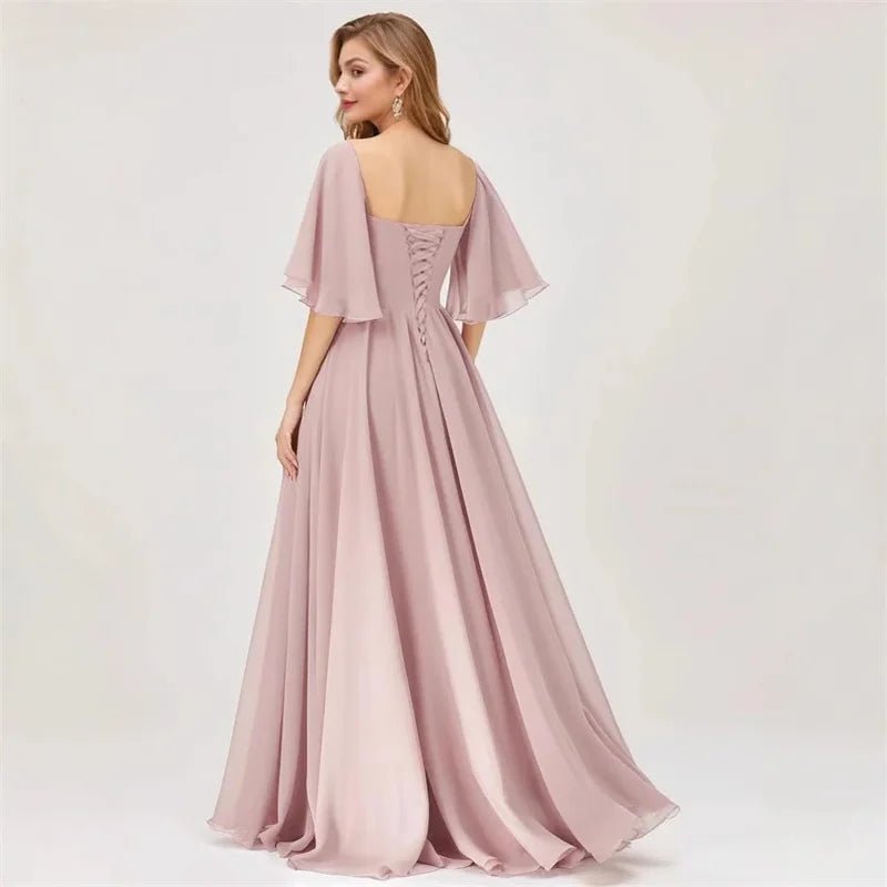 A Line Short Sleeve Chiffon Bridesmaid Dresses One Shouder Slit Pleat Elegant Wedding Party Formal Prom Evening Lace Up Back - Luzilly Bridal & Apparel