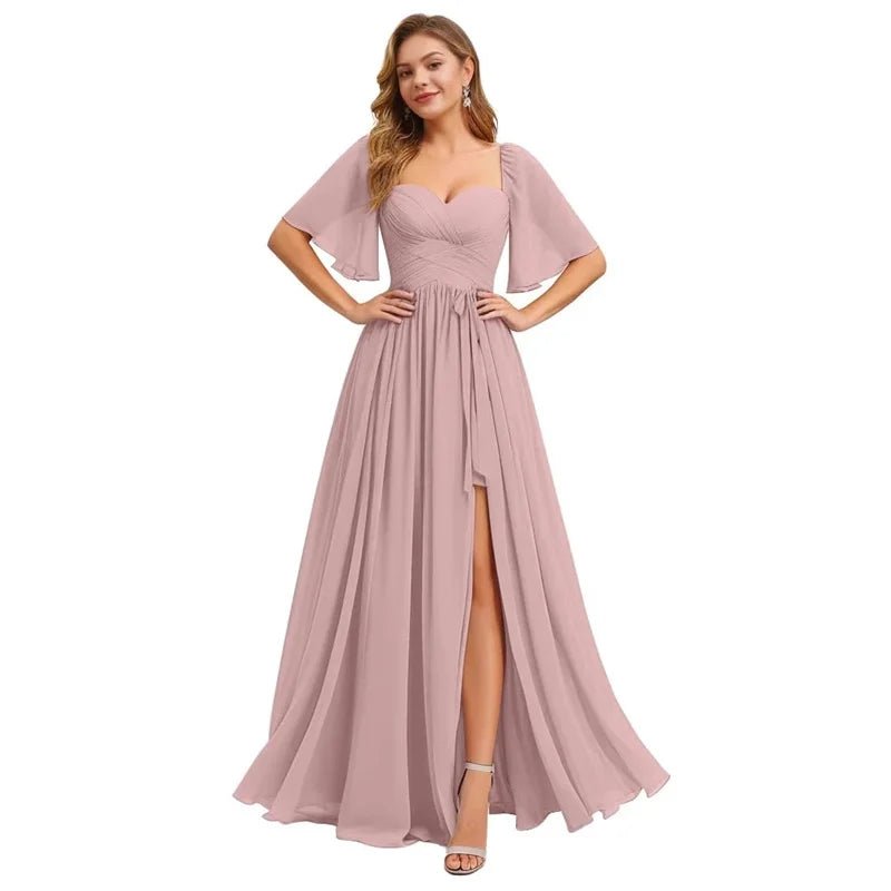 A Line Short Sleeve Chiffon Bridesmaid Dresses One Shouder Slit Pleat Elegant Wedding Party Formal Prom Evening Lace Up Back - Luzilly Bridal & Apparel