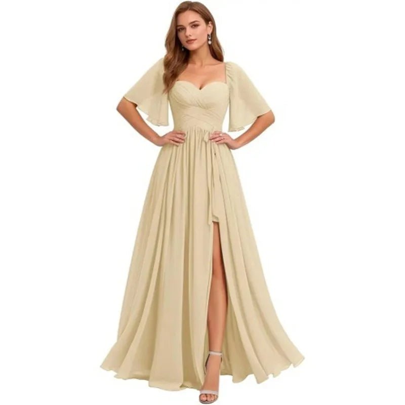 A Line Short Sleeve Chiffon Bridesmaid Dresses One Shouder Slit Pleat Elegant Wedding Party Formal Prom Evening Lace Up Back - Luzilly Bridal & Apparel