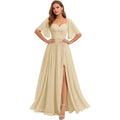 A Line Short Sleeve Chiffon Bridesmaid Dresses One Shouder Slit Pleat Elegant Wedding Party Formal Prom Evening Lace Up Back - Luzilly Bridal & Apparel