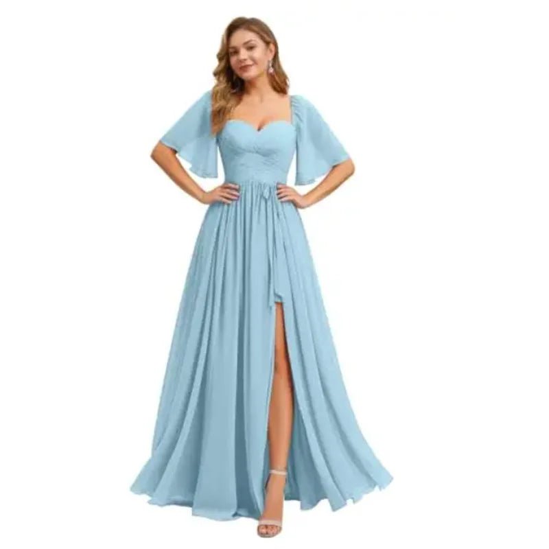 A Line Short Sleeve Chiffon Bridesmaid Dresses One Shouder Slit Pleat Elegant Wedding Party Formal Prom Evening Lace Up Back - Luzilly Bridal & Apparel