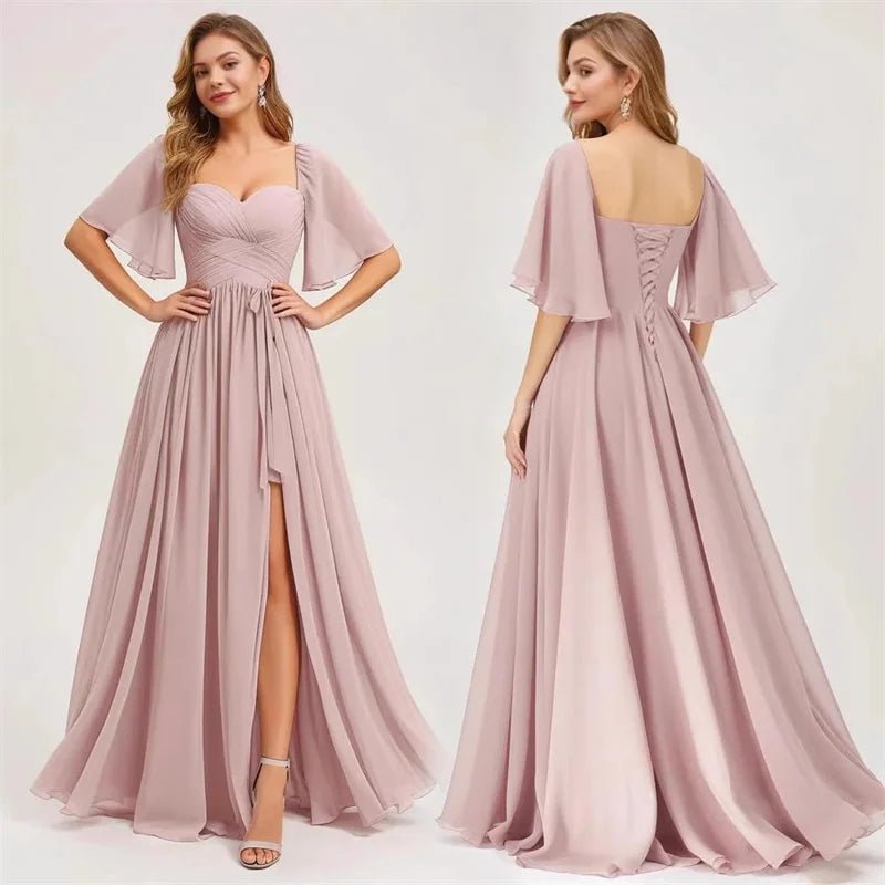 A Line Short Sleeve Chiffon Bridesmaid Dresses One Shouder Slit Pleat Elegant Wedding Party Formal Prom Evening Lace Up Back - Luzilly Bridal & Apparel