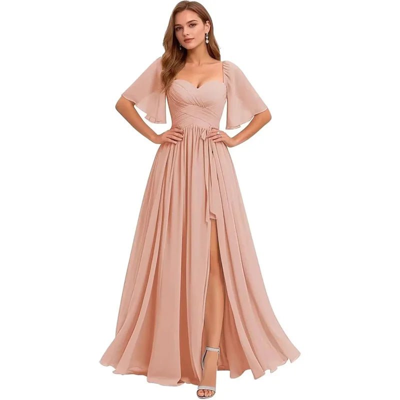 A Line Short Sleeve Chiffon Bridesmaid Dresses One Shouder Slit Pleat Elegant Wedding Party Formal Prom Evening Lace Up Back - Luzilly Bridal & Apparel