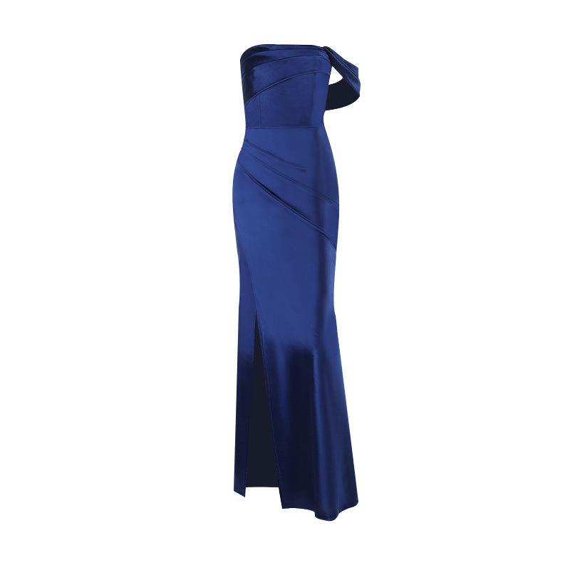 Off-Shoulder Satin Mermaid Bridesmaid Dress with Slit