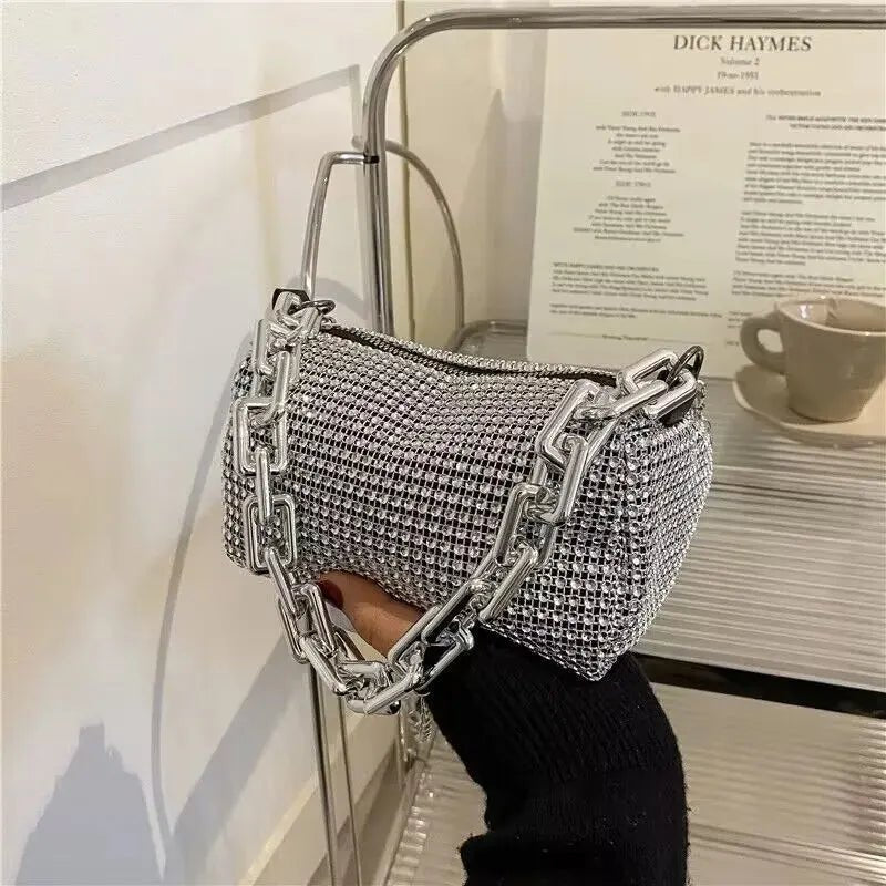 Allover Rhinestone Bucket Bag | Glitter Chain Prom Purse & Women's Mini Crossbody Bag (Sparkling Evening Handbag) - Luzilly Bridal & Apparel