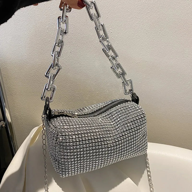 Allover Rhinestone Bucket Bag | Glitter Chain Prom Purse & Women's Mini Crossbody Bag (Sparkling Evening Handbag) - Luzilly Bridal & Apparel
