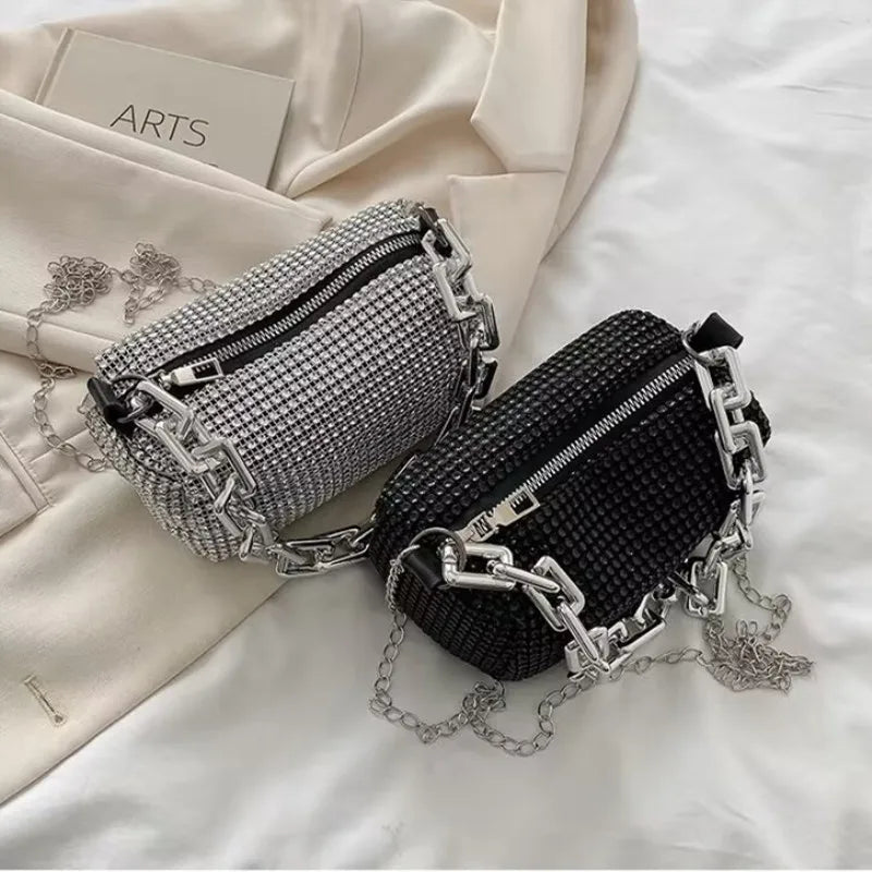 Allover Rhinestone Bucket Bag | Glitter Chain Prom Purse & Women's Mini Crossbody Bag (Sparkling Evening Handbag) - Luzilly Bridal & Apparel
