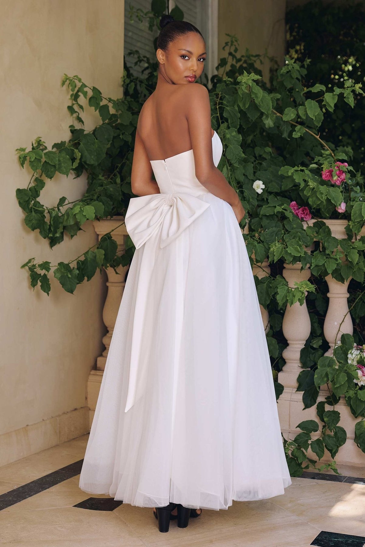 Amoris T712W Strapless Crepe Bodice A-Line Bridal Gown Layered Tulle Skirt - Luzilly Bridal & Apparel