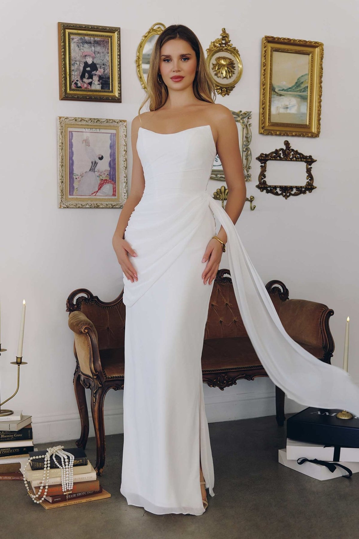 Amoris T726W Strapless Side Sash Chiffon Modern Bridal Gown - Luzilly Bridal & Apparel