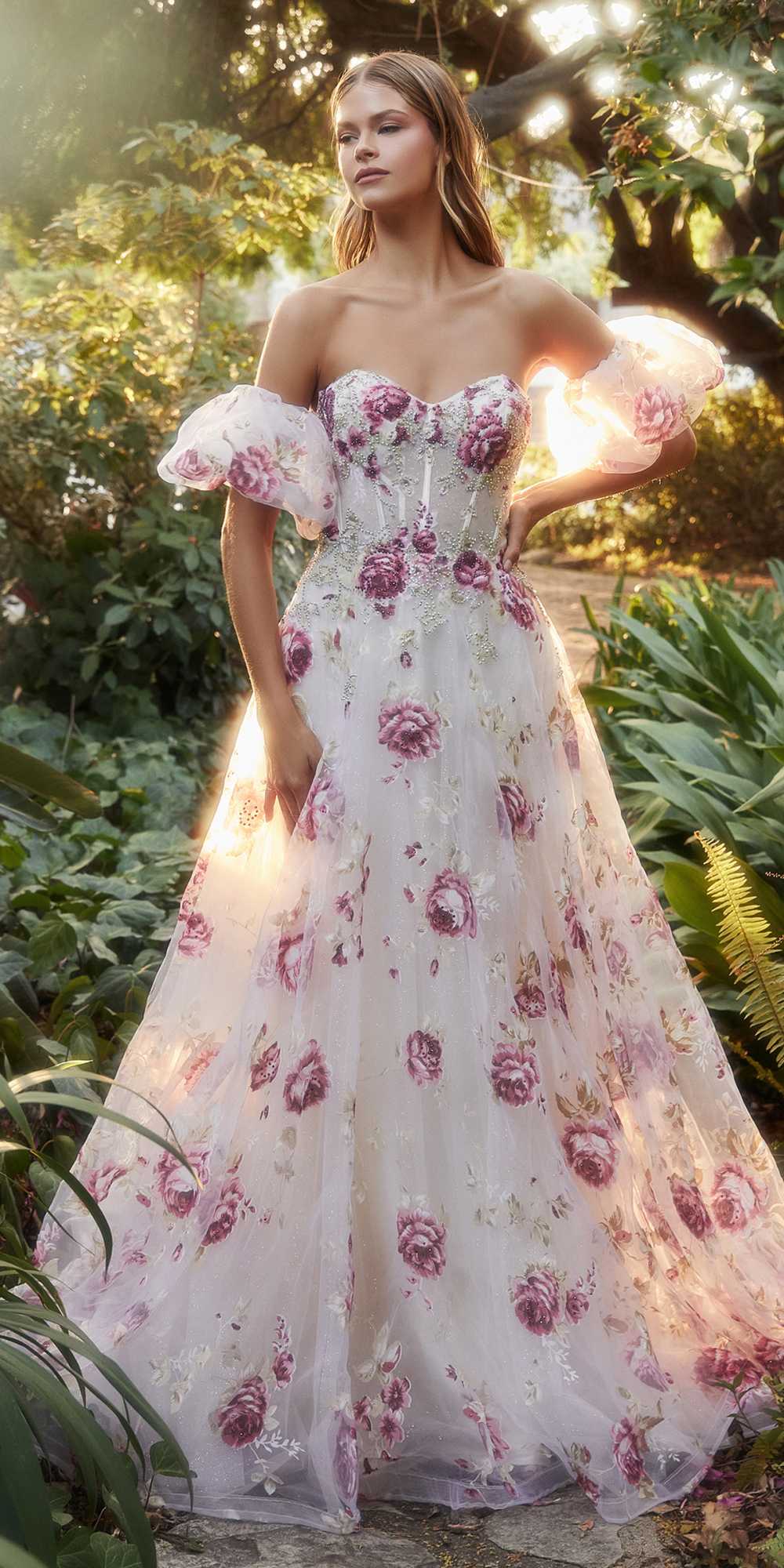 Andrea & Leo A1133 Floor Length Strapless Organza Peony Print Ball Gown - Luzilly Bridal & Apparel