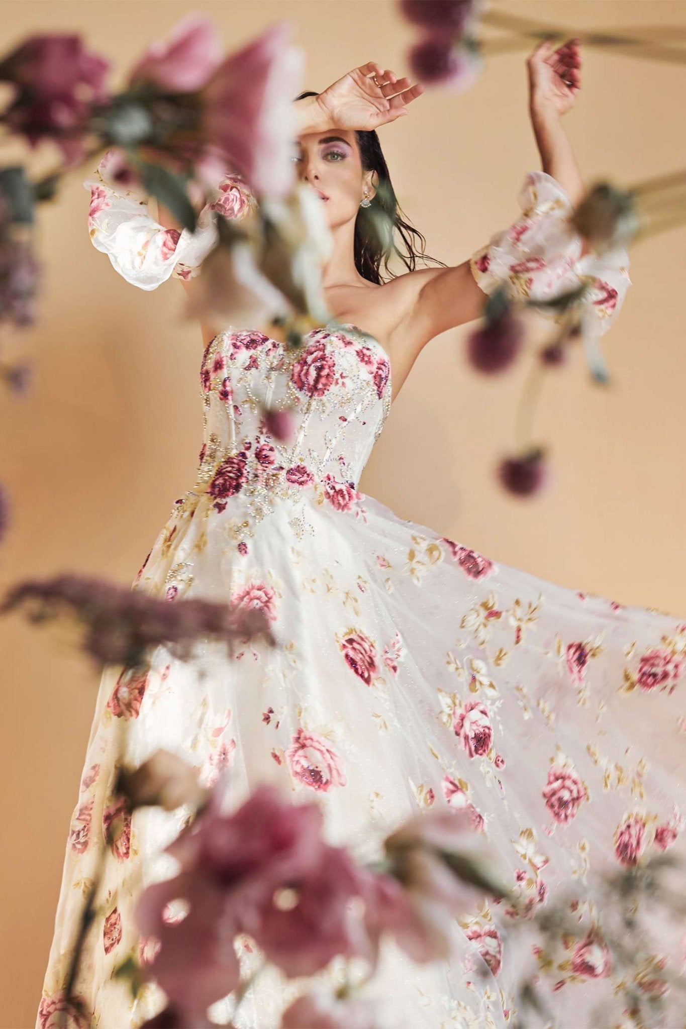 Andrea & Leo A1133 Floor Length Strapless Organza Peony Print Ball Gown - Luzilly Bridal & Apparel