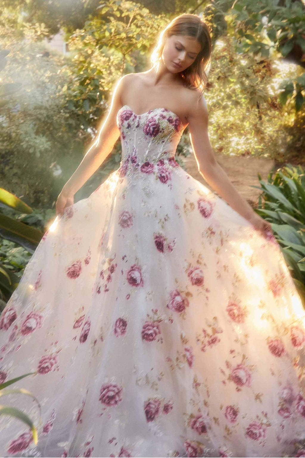 Andrea & Leo A1133 Floor Length Strapless Organza Peony Print Ball Gown - Luzilly Bridal & Apparel
