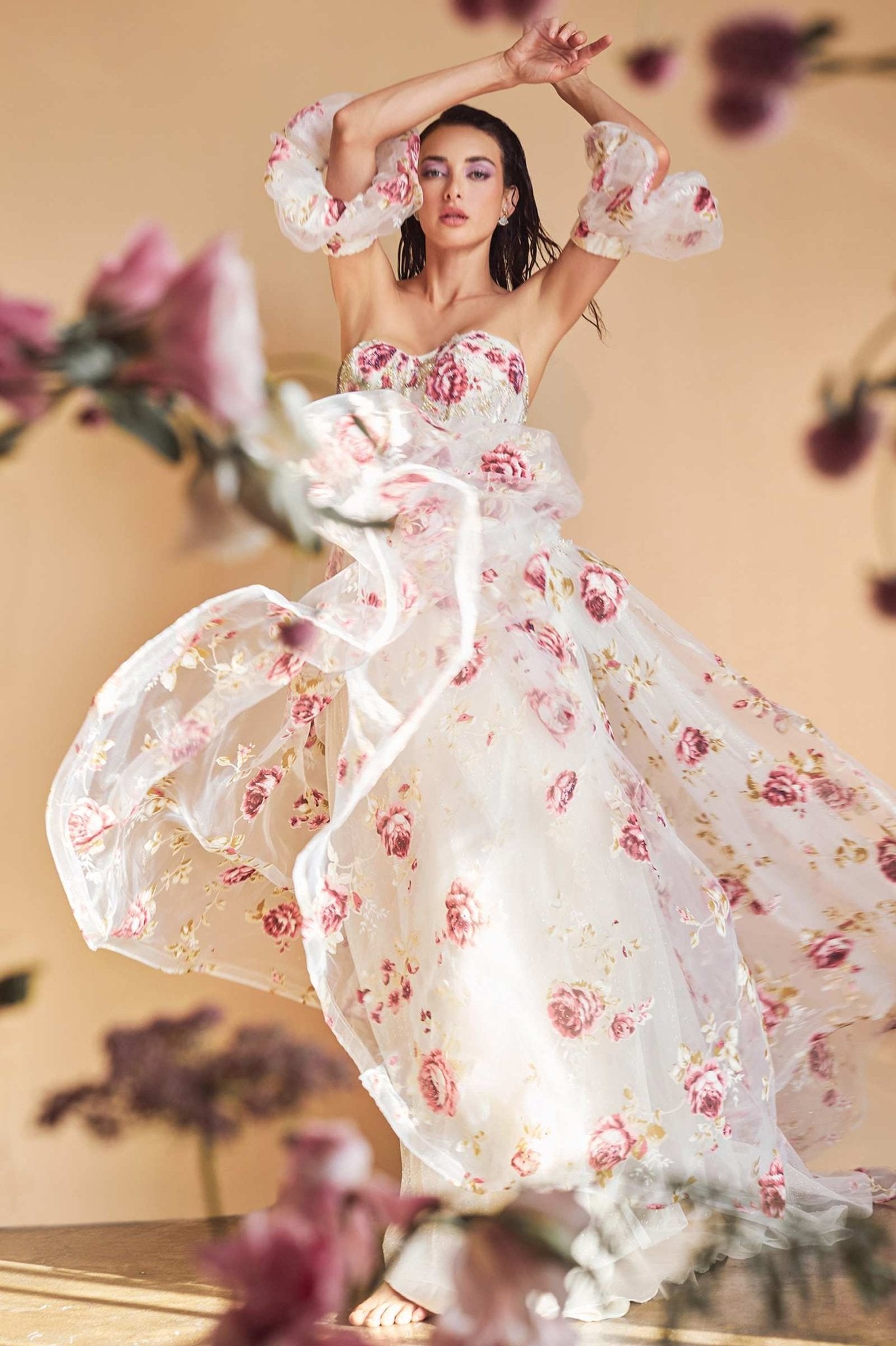 Andrea & Leo A1133 Floor Length Strapless Organza Peony Print Ball Gown - Luzilly Bridal & Apparel