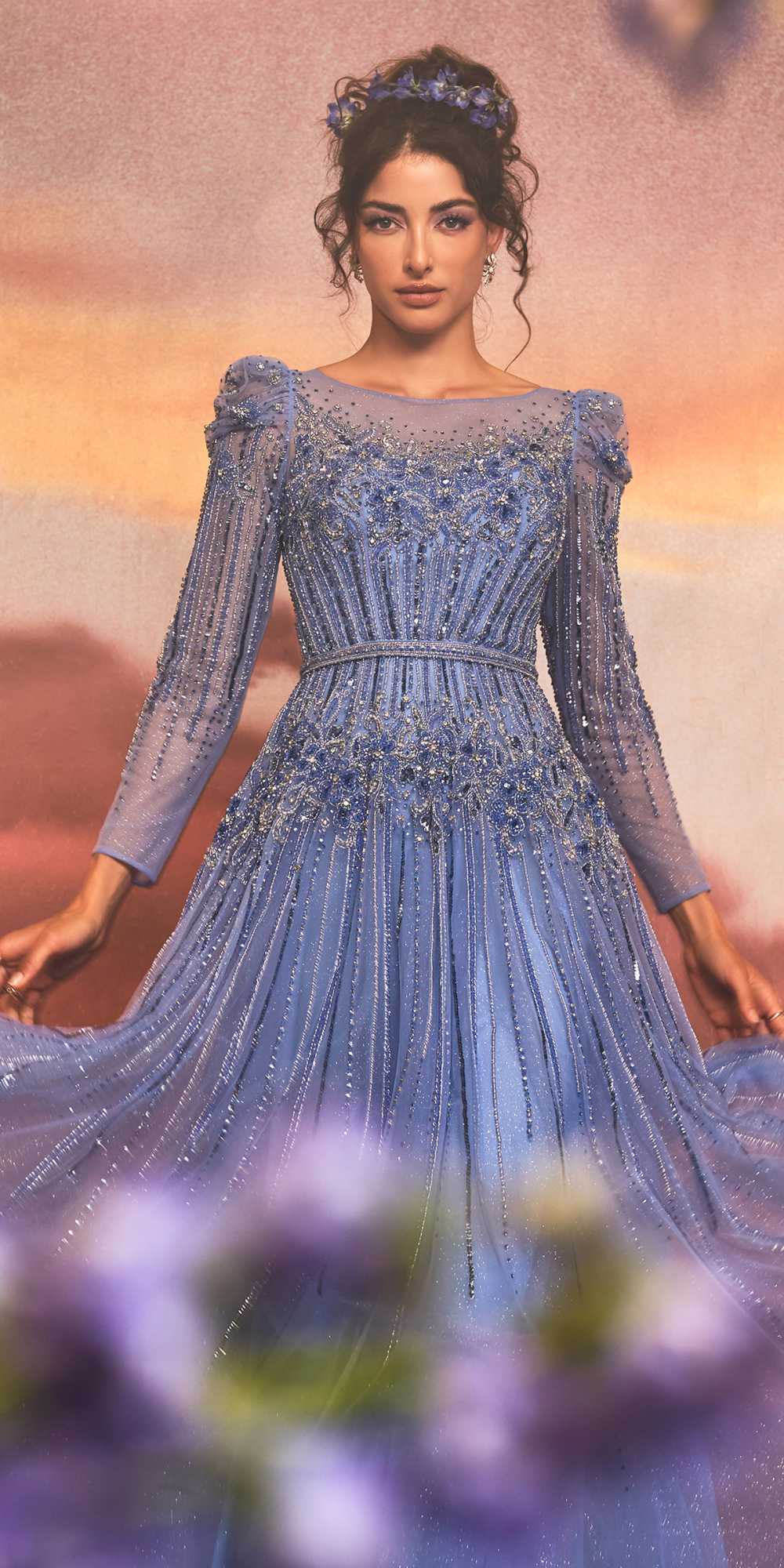 Andrea & Leo A1167 Floor Length Azurite Beaded Long Sleeve A-Line Gown - Luzilly Bridal & Apparel