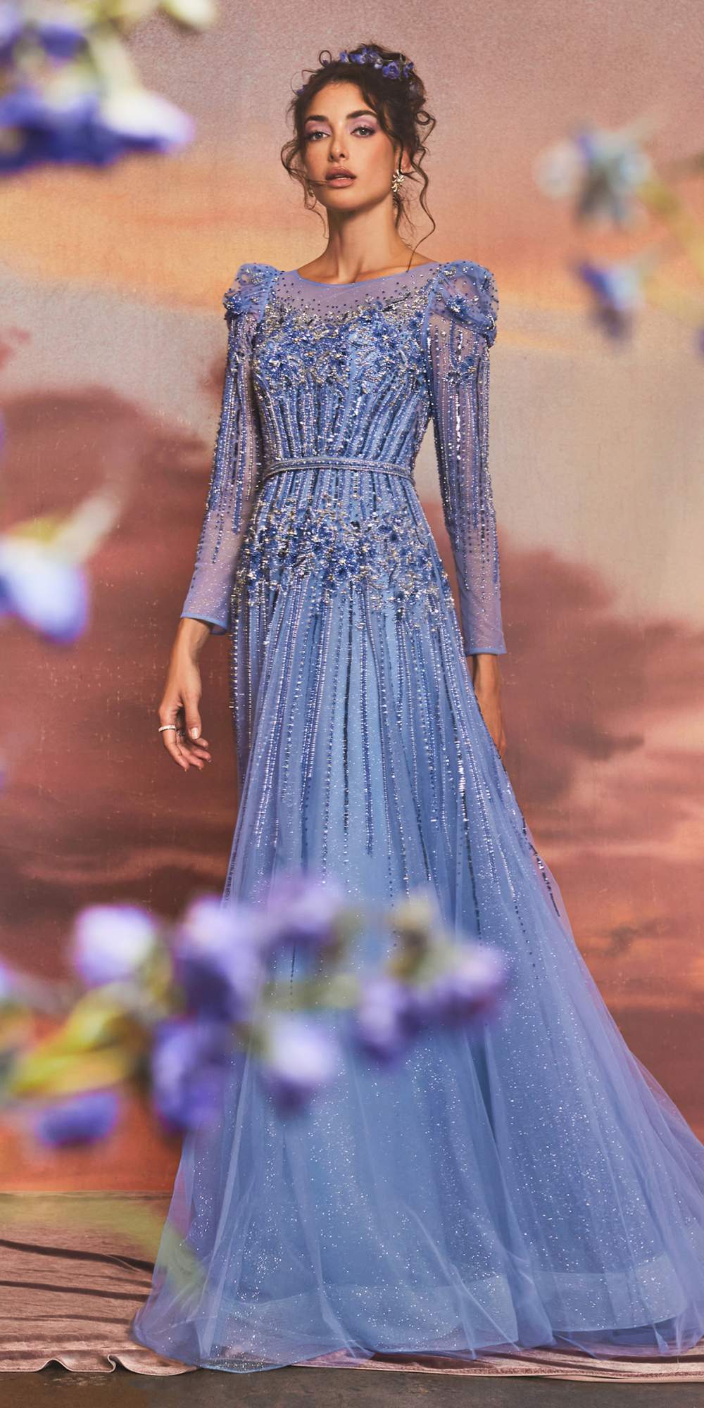 Andrea & Leo A1167 Floor Length Azurite Beaded Long Sleeve A-Line Gown - Luzilly Bridal & Apparel