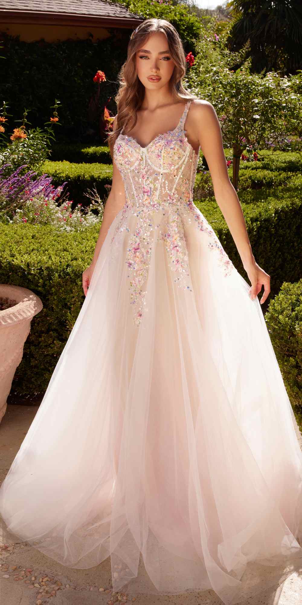 Andrea & Leo A1288 Long A-Line Dress Multicolored Floral Embellishments - Luzilly Bridal & Apparel