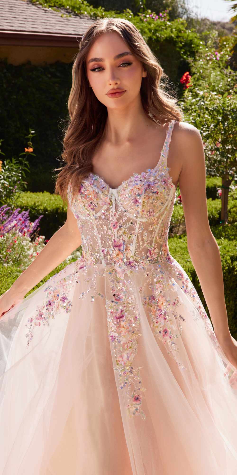 Andrea & Leo A1288 Long A-Line Dress Multicolored Floral Embellishments - Luzilly Bridal & Apparel