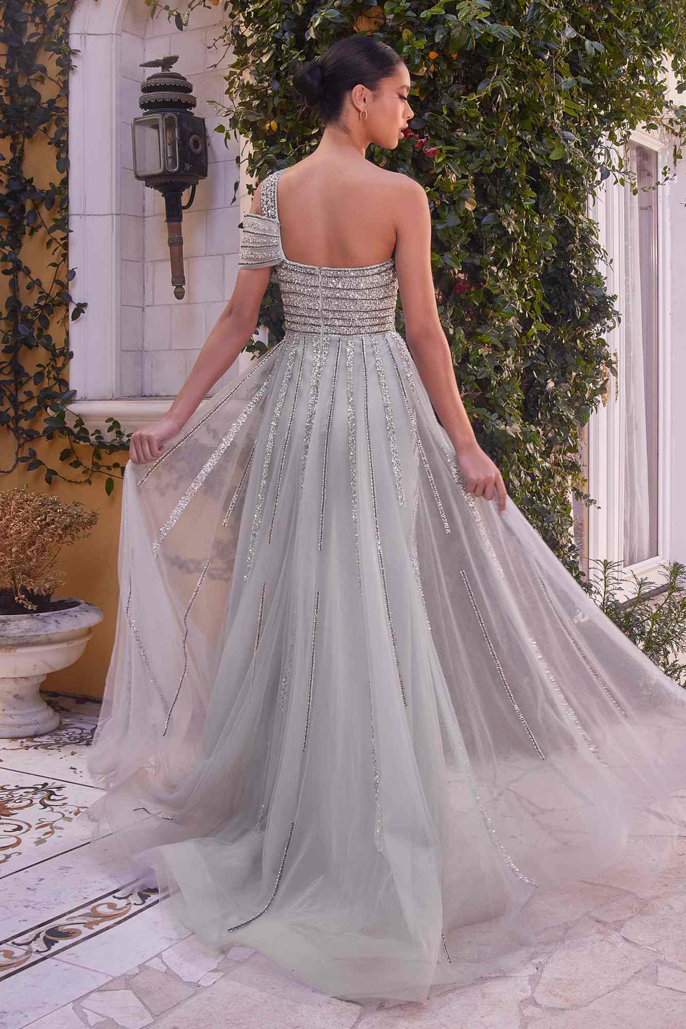 Andrea & Leo A1314 Long One Shoulder Silver Beaded Gown Leg Slit - Luzilly Bridal & Apparel