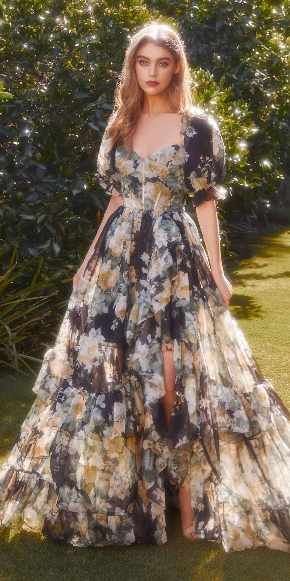 Andrea & Leo A1336 Long Floral Print Puff Sleeve A-line Gown - Luzilly Bridal & Apparel