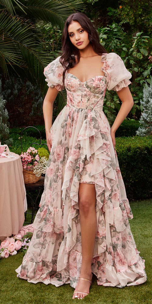 Andrea & Leo A1336 Long Floral Print Puff Sleeve A-line Gown - Luzilly Bridal & Apparel