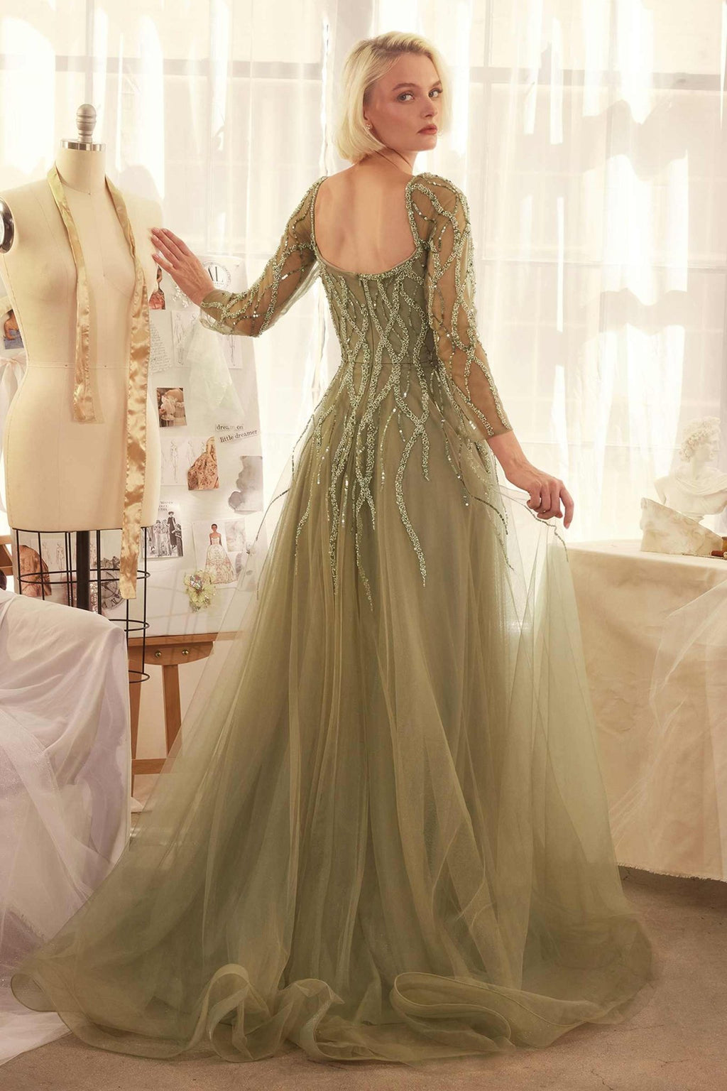 Andrea & Leo A1367 Dress Sequin Embellished Long Sleeve A-Line Gown - Luzilly Bridal & Apparel