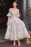 Andrea & Leo A1406 Dress Floral Print Strapless Tea Length A-Line Dress - Luzilly Bridal & Apparel