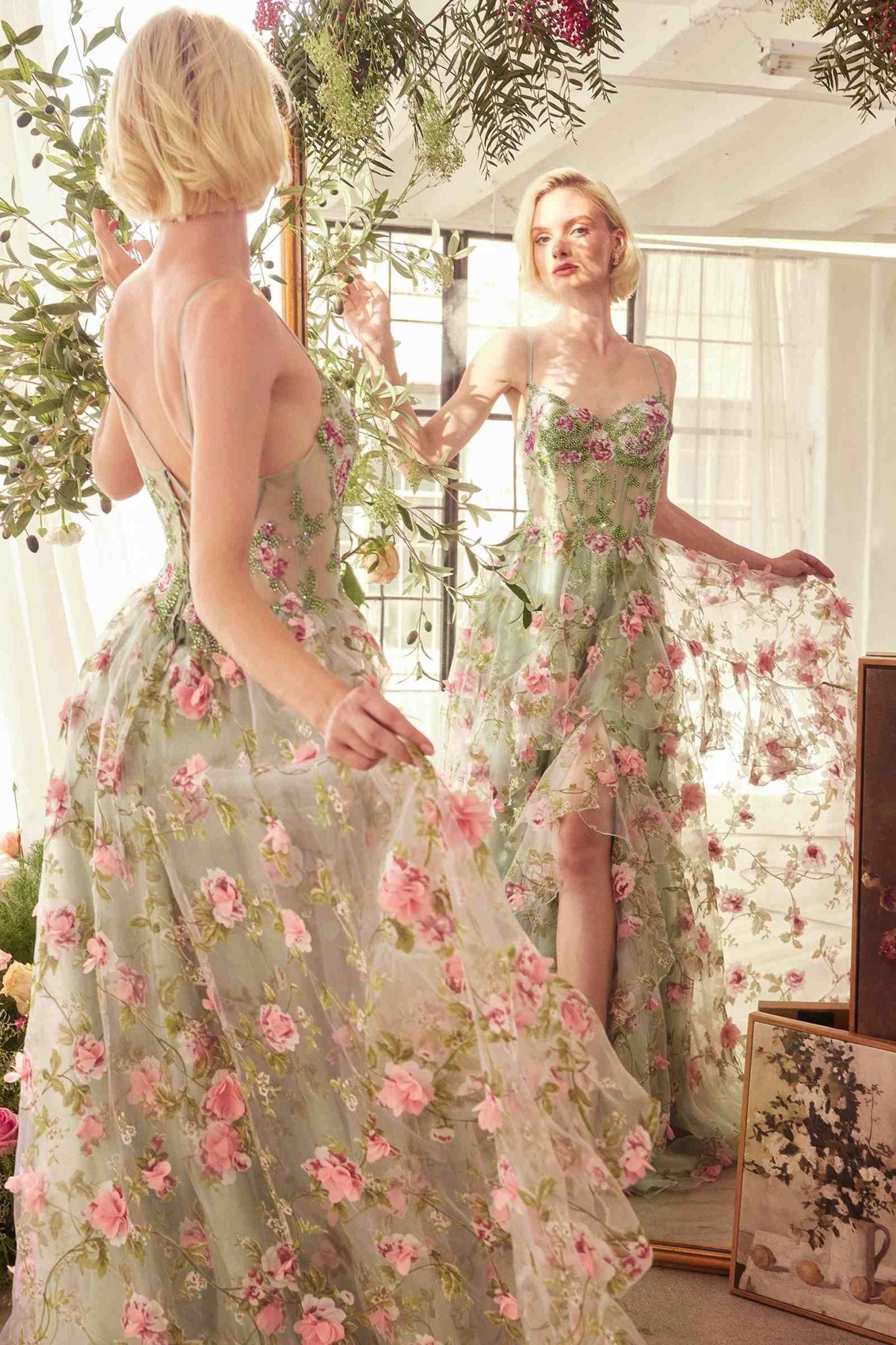 Andrea & Leo A1420 Dress Sage Floral Print Layered A-Line Gown - Luzilly Bridal & Apparel