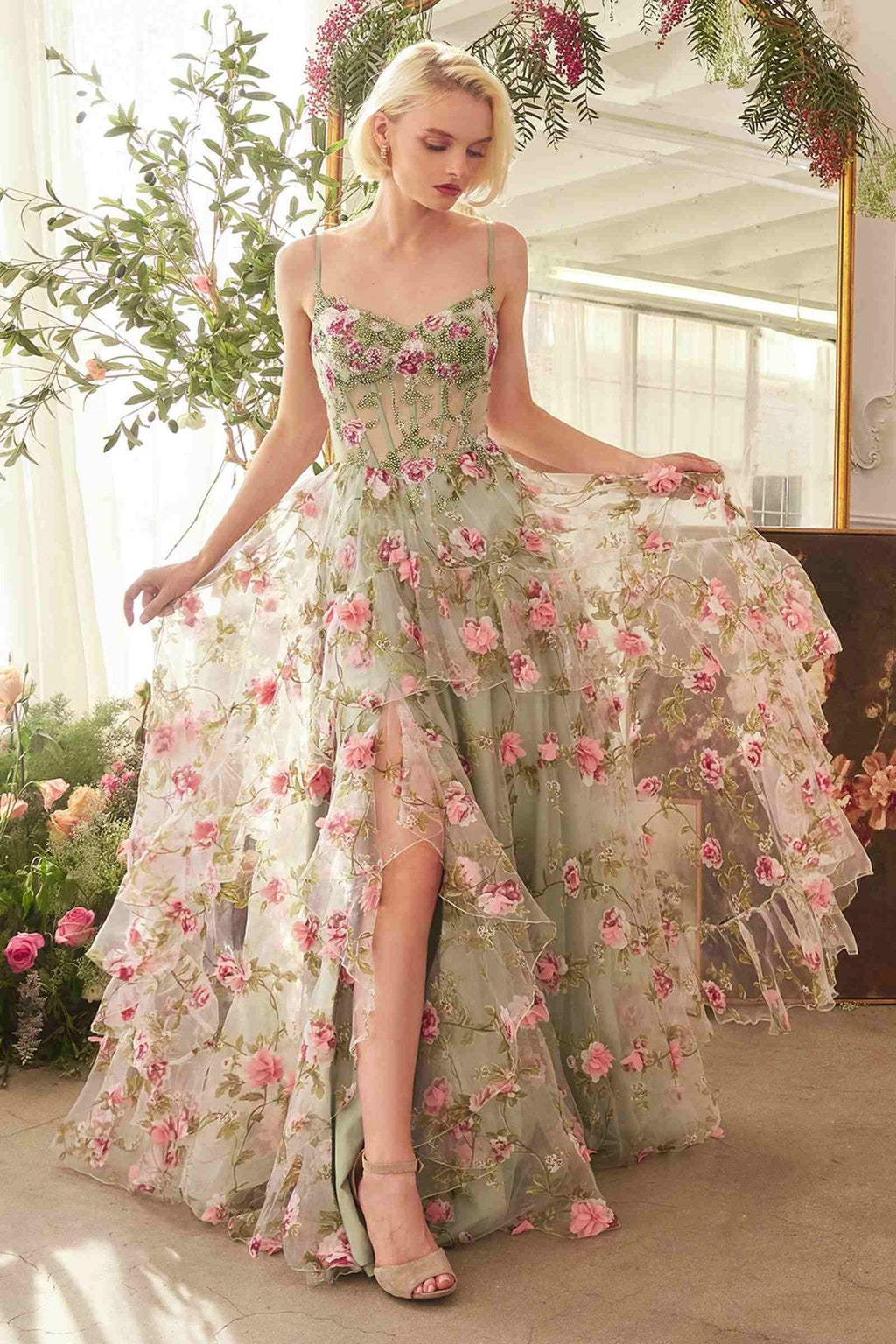 Andrea & Leo A1420 Dress Sage Floral Print Layered A-Line Gown - Luzilly Bridal & Apparel