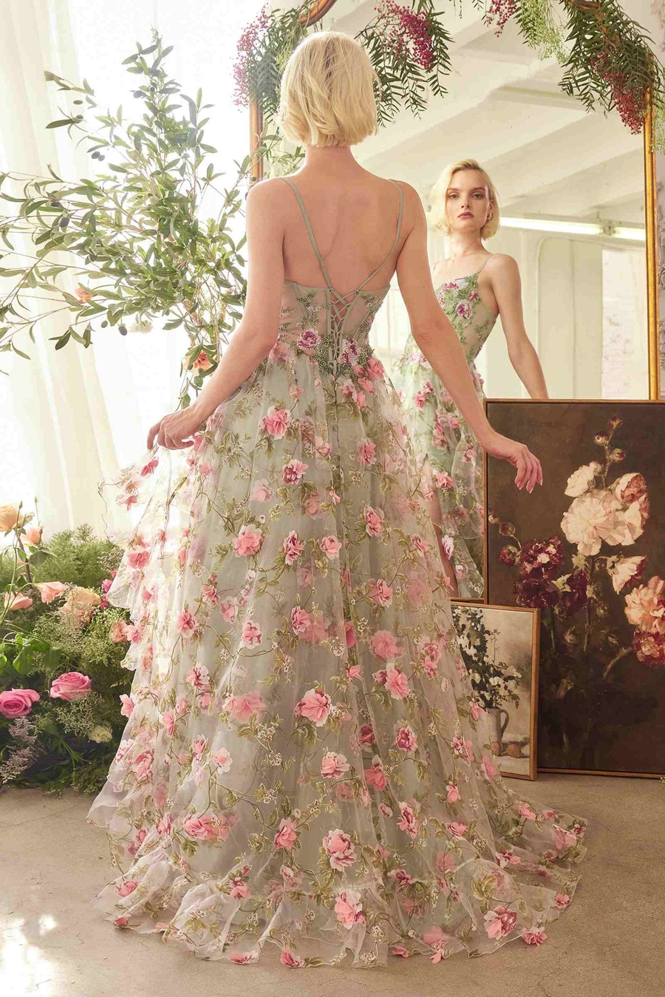 Andrea & Leo A1420 Dress Sage Floral Print Layered A-Line Gown - Luzilly Bridal & Apparel