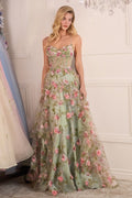 Andrea & Leo A1420 Dress Sage Floral Print Layered A-Line Gown - Luzilly Bridal & Apparel
