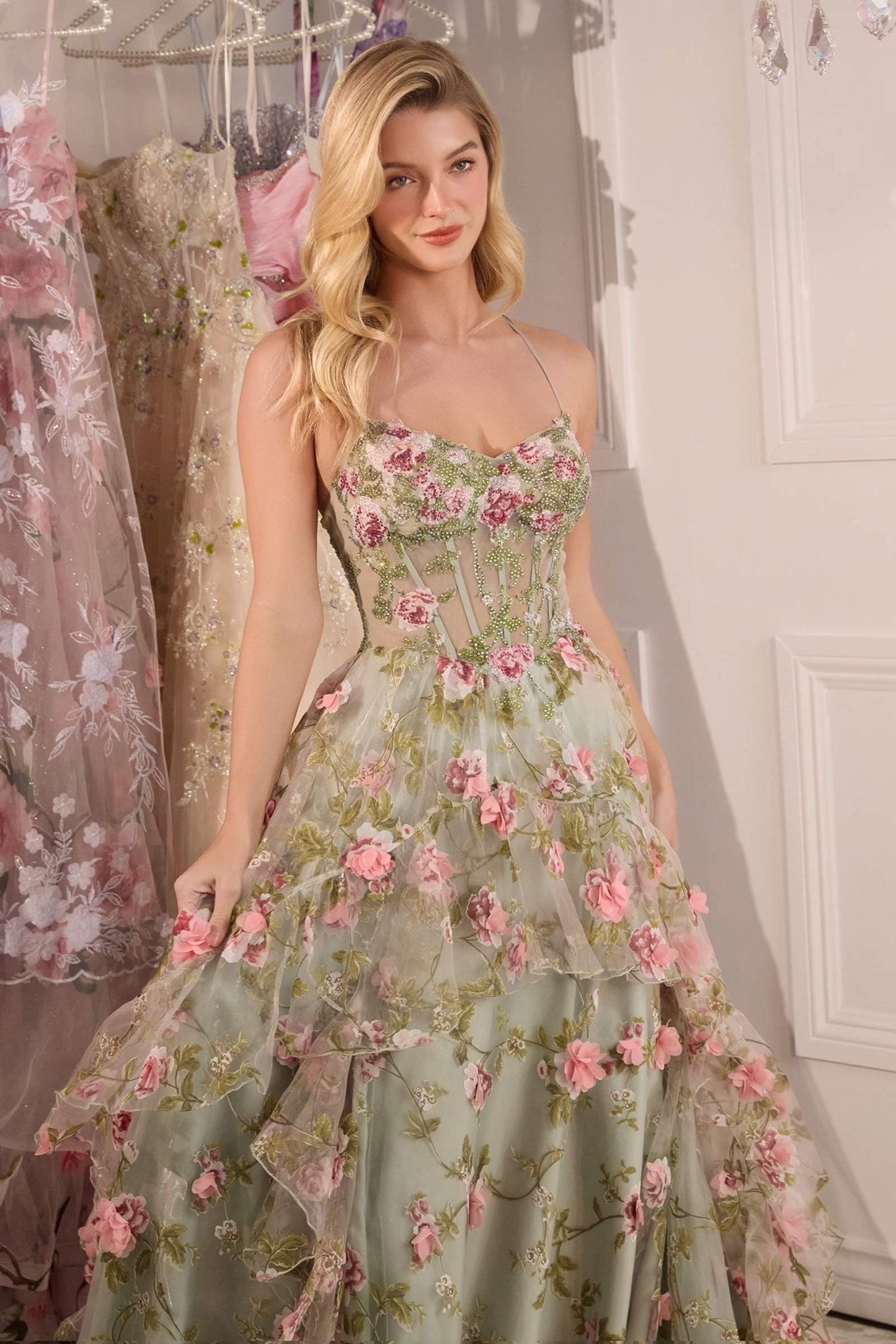 Andrea & Leo A1420 Dress Sage Floral Print Layered A-Line Gown - Luzilly Bridal & Apparel
