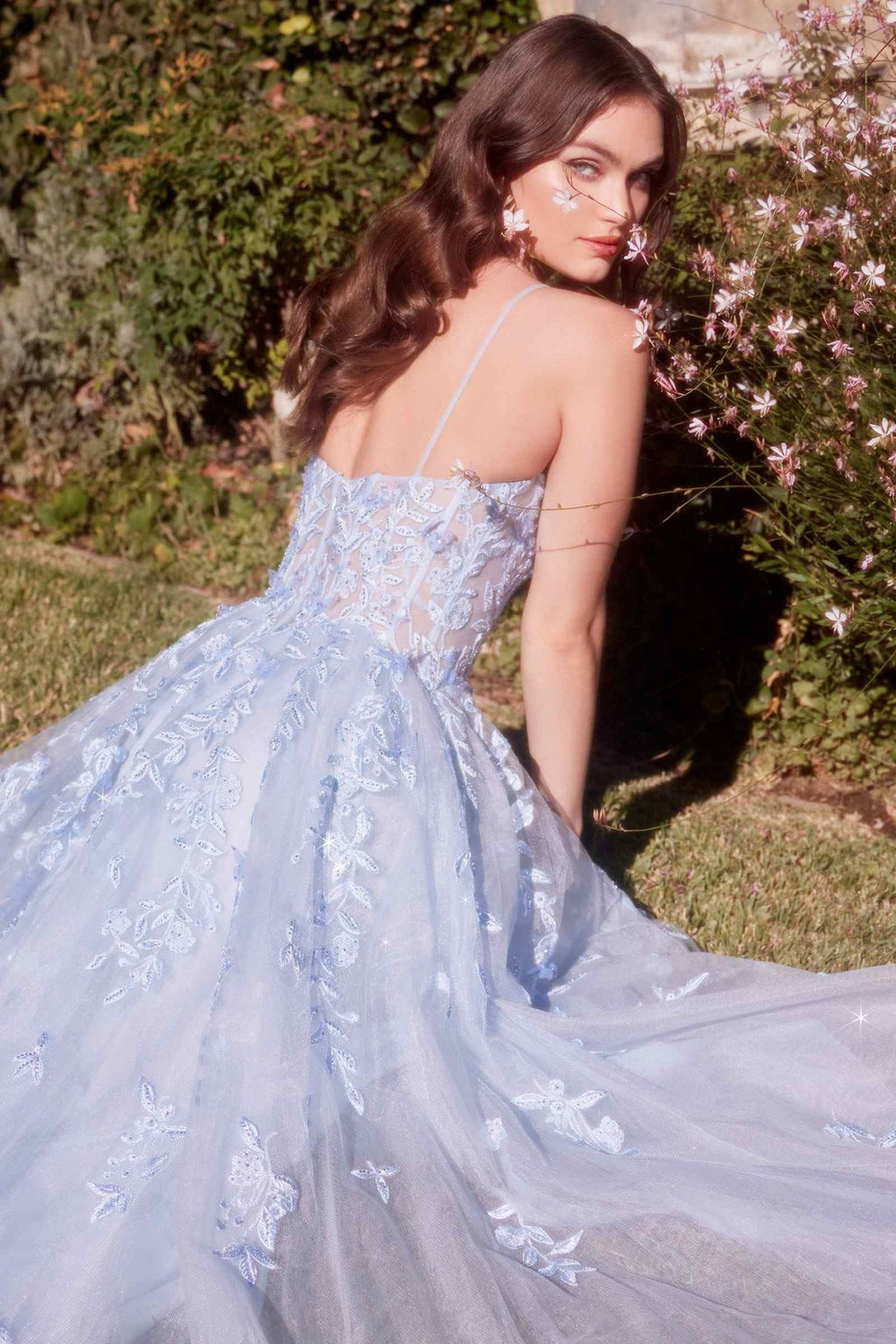 Andrea & Leo A1437 Dress Light Blue Leaf Motif Appliqued A-Line Gown - Luzilly Bridal & Apparel