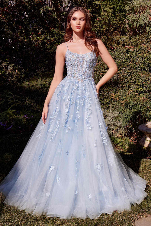Andrea & Leo A1437 Dress Light Blue Leaf Motif Appliqued A-Line Gown - Luzilly Bridal & Apparel