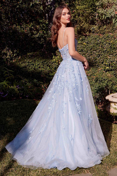 Andrea & Leo A1437 Dress Light Blue Leaf Motif Appliqued A-Line Gown - Luzilly Bridal & Apparel