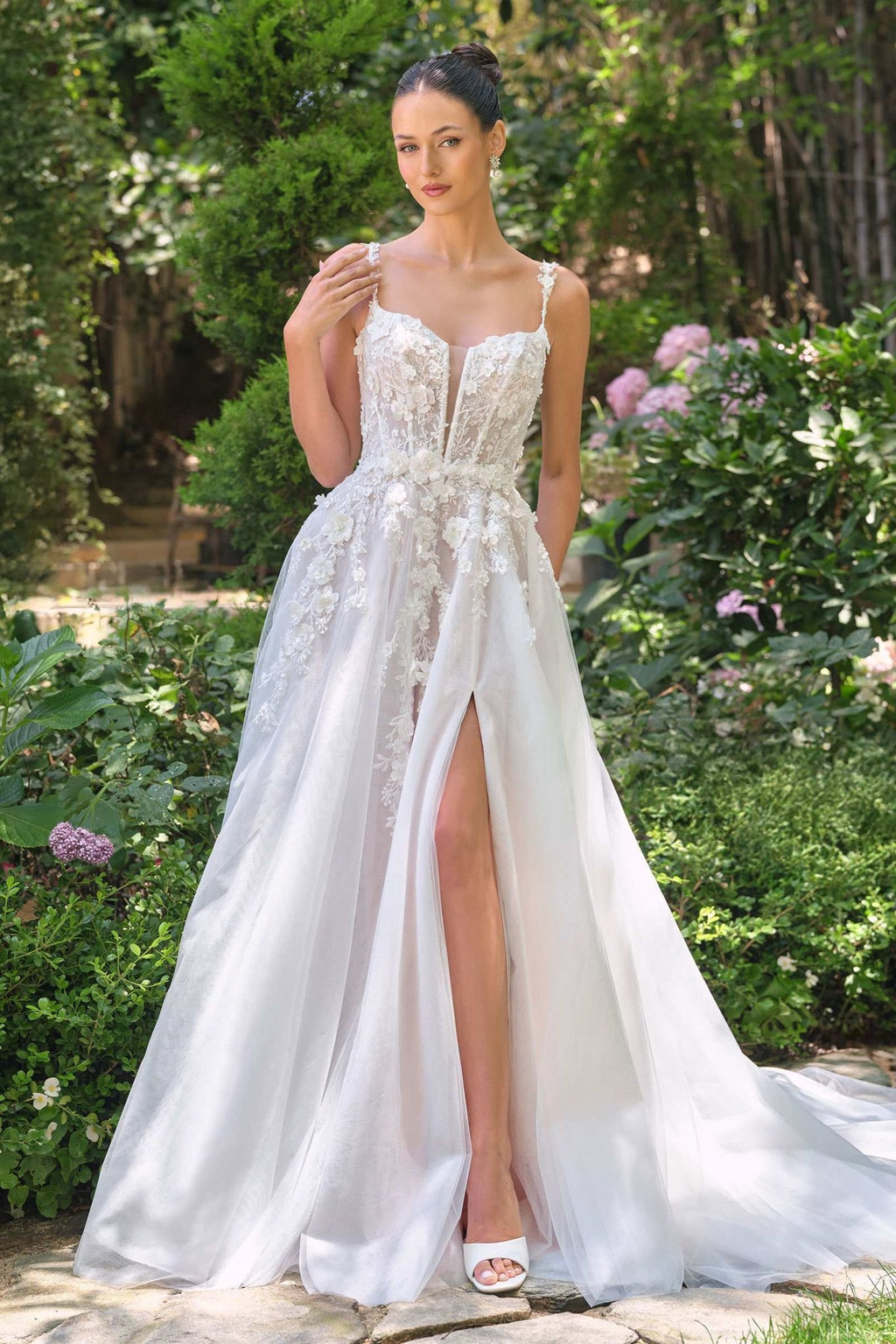 Andrea & Leo WL063 A-Line Wedding Gown Plunging Neckline Floral Straps - Luzilly Bridal & Apparel