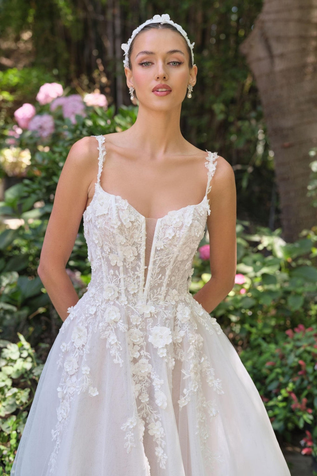 Andrea & Leo WL063 A-Line Wedding Gown Plunging Neckline Floral Straps - Luzilly Bridal & Apparel