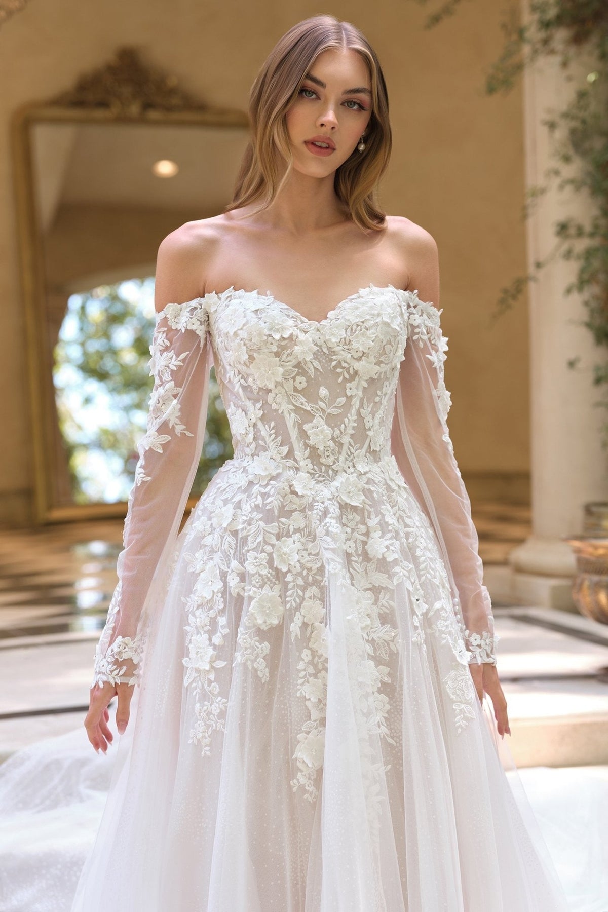 Andrea & Leo WL067 Off the Shoulder Sheer Illusion Sleeves Wedding Ball Gown - Luzilly Bridal & Apparel