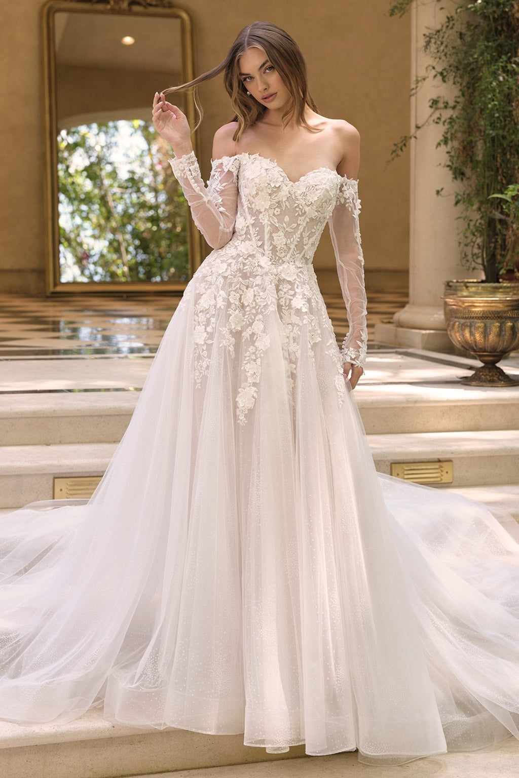 Andrea & Leo WL067 Off the Shoulder Sheer Illusion Sleeves Wedding Ball Gown - Luzilly Bridal & Apparel