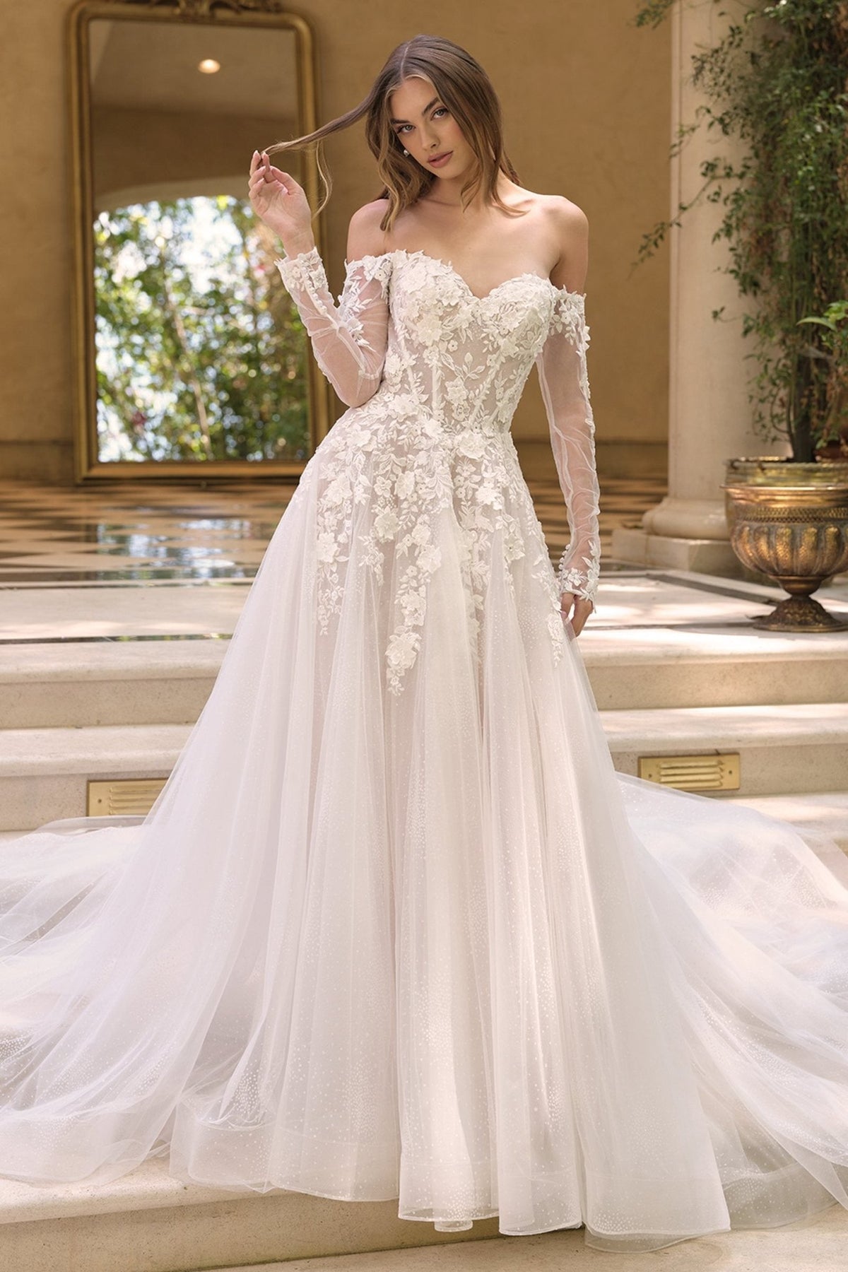 Andrea & Leo WL067 Off the Shoulder Sheer Illusion Sleeves Wedding Ball Gown - Luzilly Bridal & Apparel