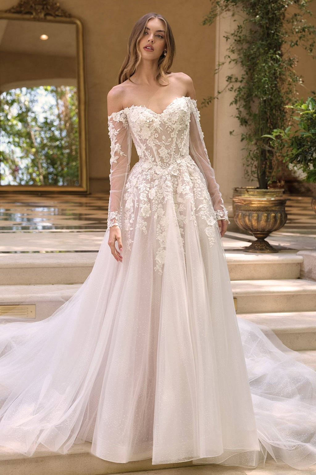 Andrea & Leo WL067 Off the Shoulder Sheer Illusion Sleeves Wedding Ball Gown - Luzilly Bridal & Apparel