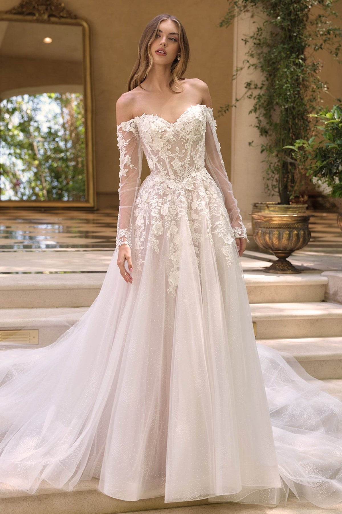 Andrea & Leo WL067 Off the Shoulder Sheer Illusion Sleeves Wedding Ball Gown - Luzilly Bridal & Apparel