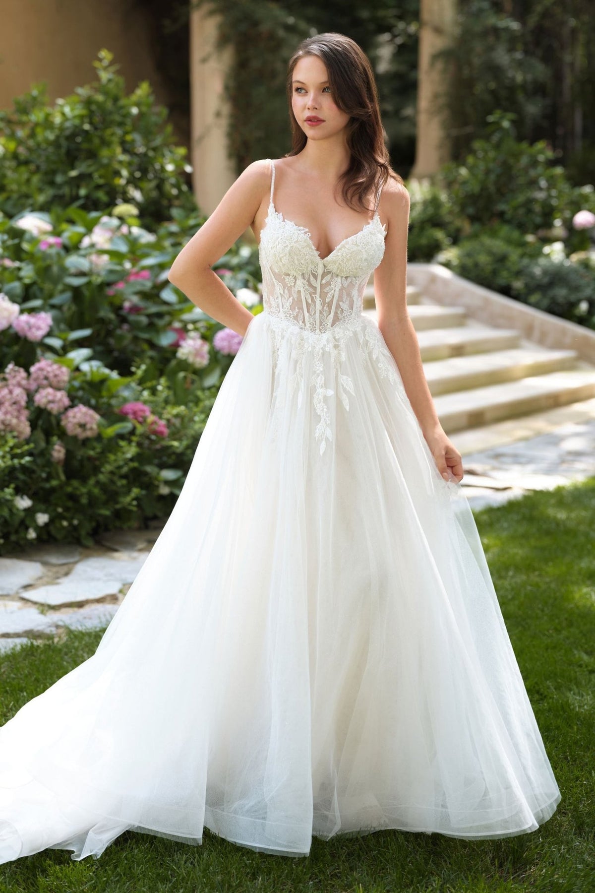 Andrea & Leo WL087 Lace Applique Spaghetti Strap A-Line Wedding Gown - Luzilly Bridal & Apparel