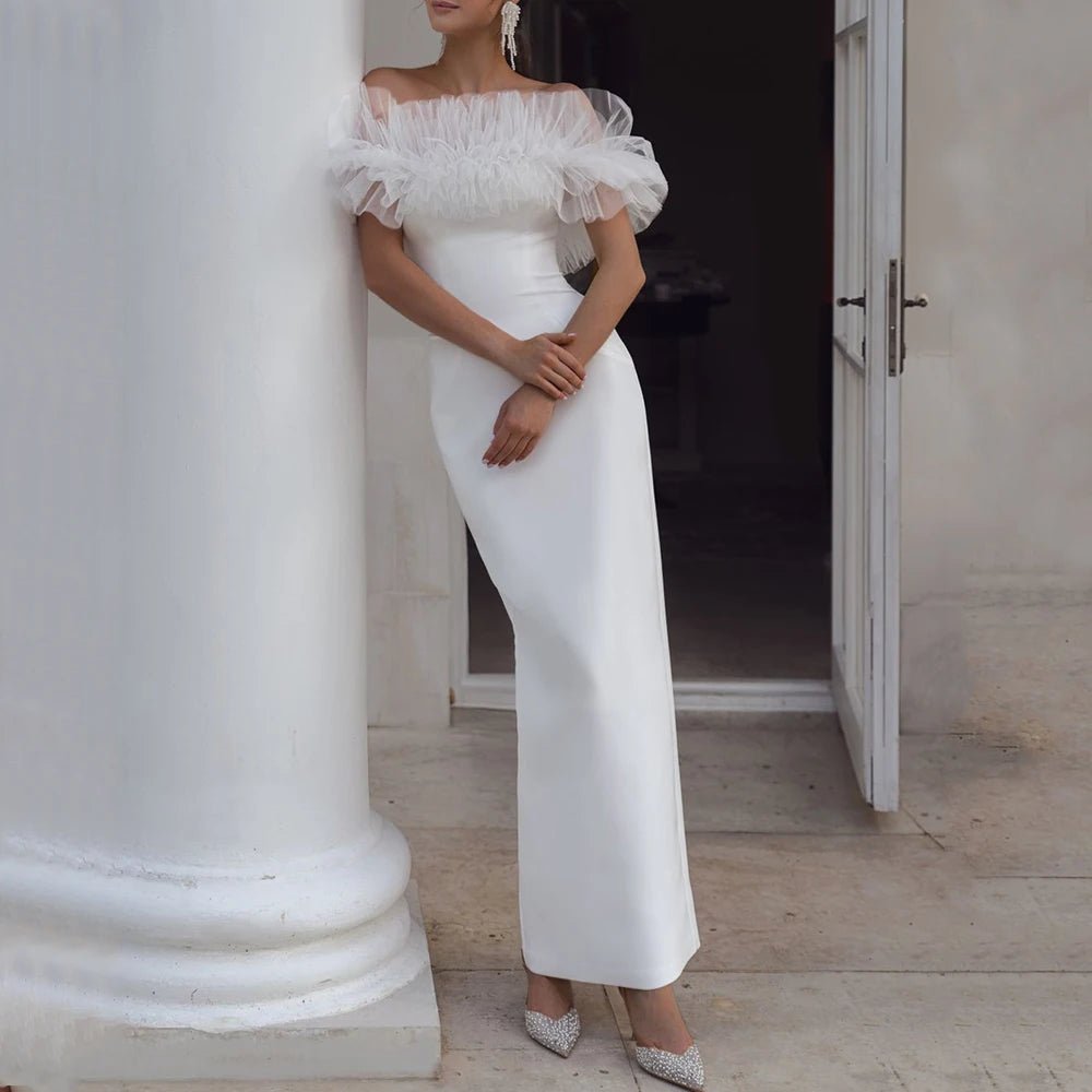 Ankle Length Off-Shoulder Sheath Wedding Dress - Luzilly Bridal & Apparel