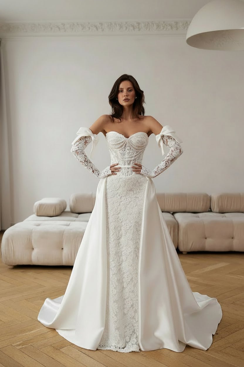 Appliqué & Pearl Sweetheart A-Line Lace Maxi Wedding Dress - Luzilly Bridal & Apparel